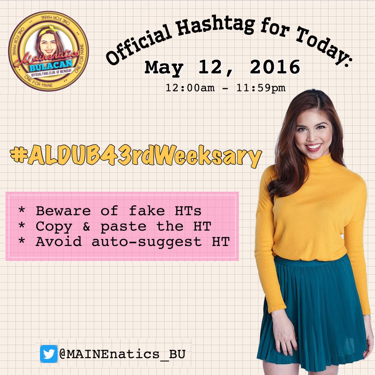MAINEnatics_BU's tweet photo. Our Official Hashtag for today:

#ALDUB43rdWeeksary

@mainedcm @aldenrichards02 https://t.co/KMQP9KHTPV