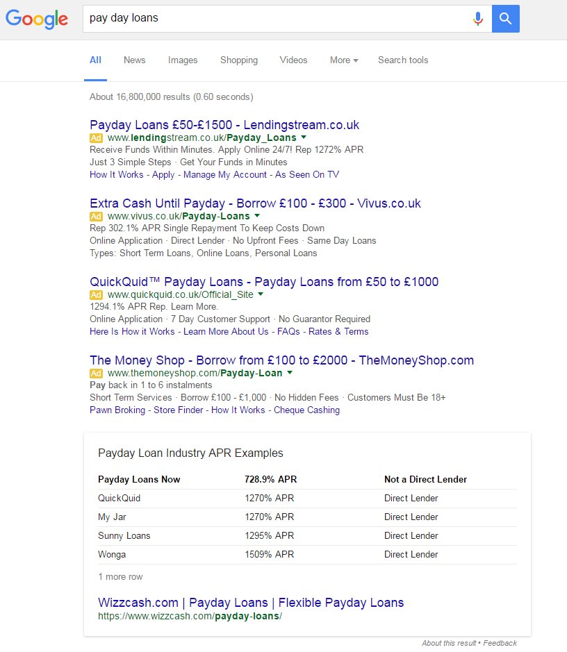 OldMatt's tweet photo. Google banning payday loan ads https://t.co/VsaE6WT4Y2 - fair to say this will change the above the fold in the UK: https://t.co/EQEqadSuN1