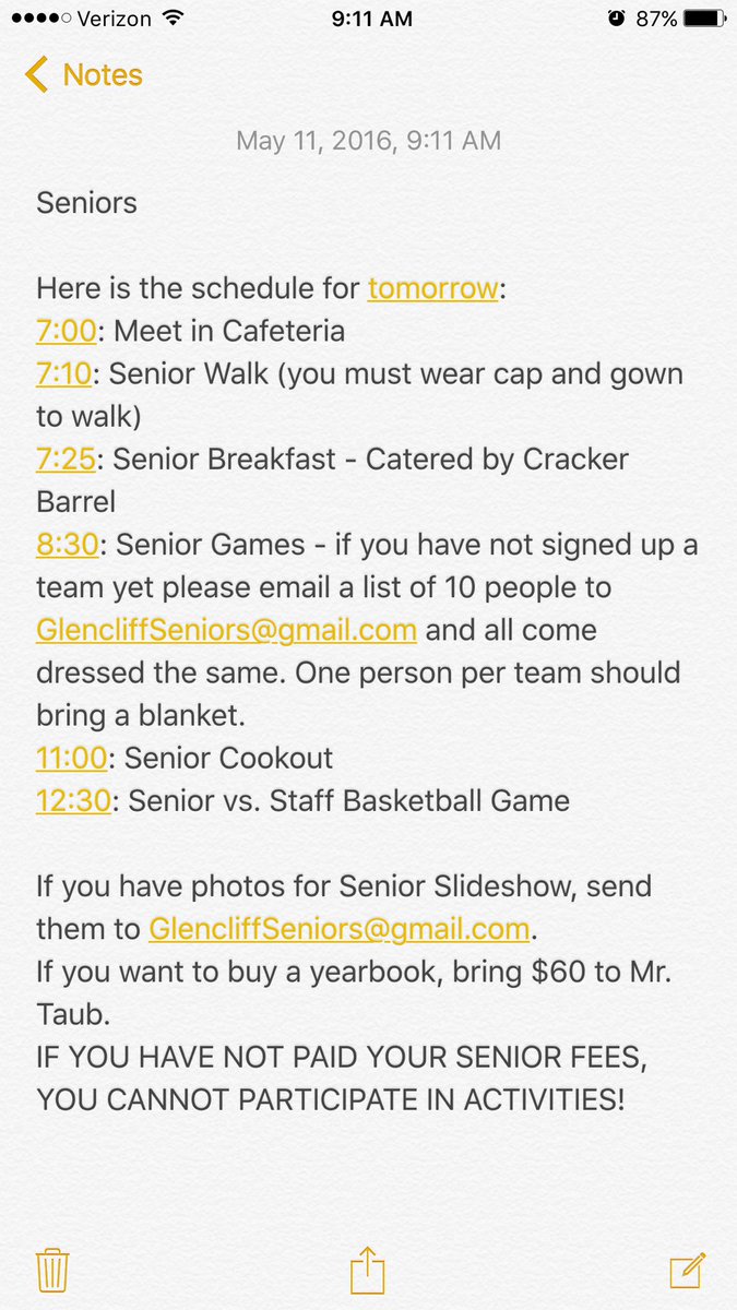 Seniors: here is the schedule for tomorrow.