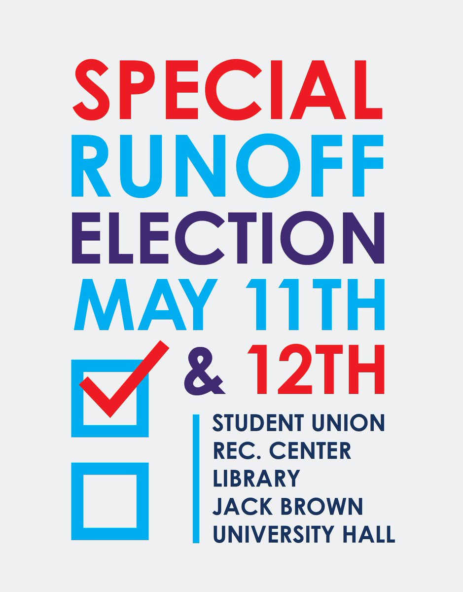 ASI_CSUSB's tweet photo. Run-Off Elections are today and tomorrow!✔️
Open 9am-8pm
Vote at any of the 5 locations (UH, JB, SMSU, Rec, Library) https://t.co/0IJbwLJb43