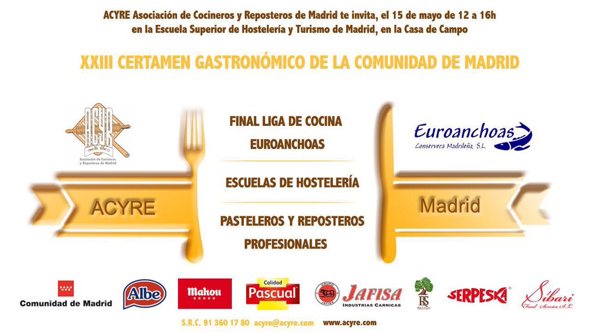 El 15/05 celebramos el XXIII Certamen Gastronómico d la <a href="/ComunidadMadrid/">Comunidad de Madrid</a> q incluye la final de <a href="/LigadeCocina/">Liga de Cocina</a> #Madrid
