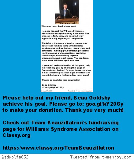 jdwolfe652's tweet photo. Help me support the Williams Syndrome Association (WSA) by making a donation go to: https://t.co/LOw9jDxrTP https://t.co/pS8Y7xrtQF