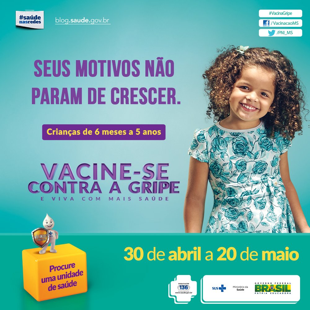 Crianças menores de 5 anos estão mais vulneráveis às complicações da gripe e, por isso, devem tomar a #VacinaGripe
