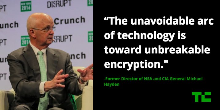 TechCrunch's tweet image. General Michael Hayden on encryption at @TCDisrupt