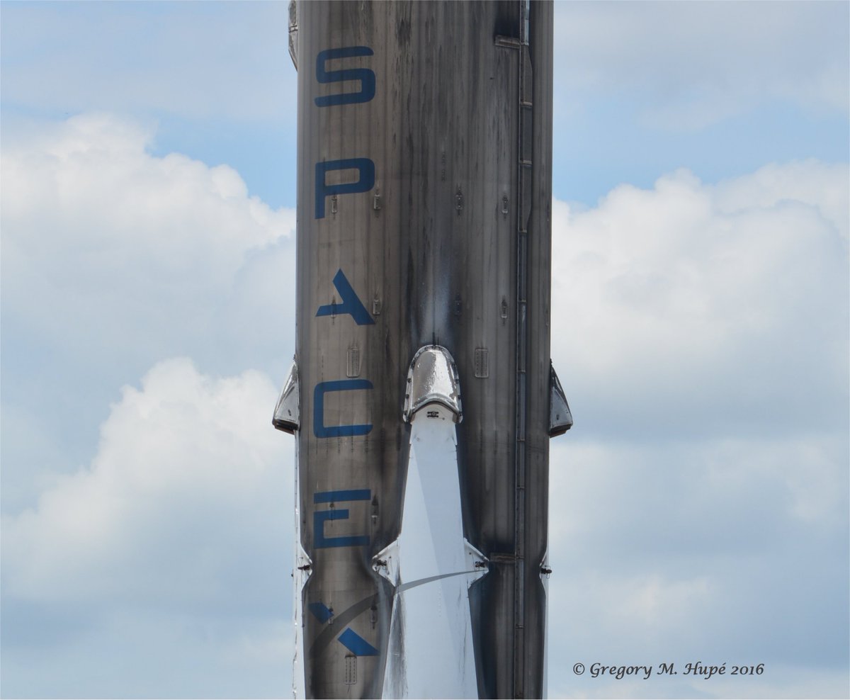 GregHupe's tweet photo. She's a little dirty but this #SpaceX #Falcon9 should fly again after some cleaning and paint! #JCSAT14 https://t.co/n67piD1USc