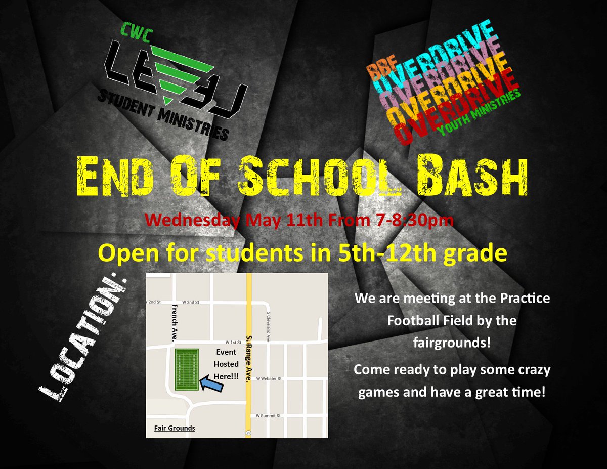 LEVELStuMin's tweet photo. END OF SCHOOL BASH!
TONIGHT || 7:00 - 8:30 PM
PRACTICE FIELD @ THE FAIRGROUNDS
GAME ON! https://t.co/TqxbLjOiAz
