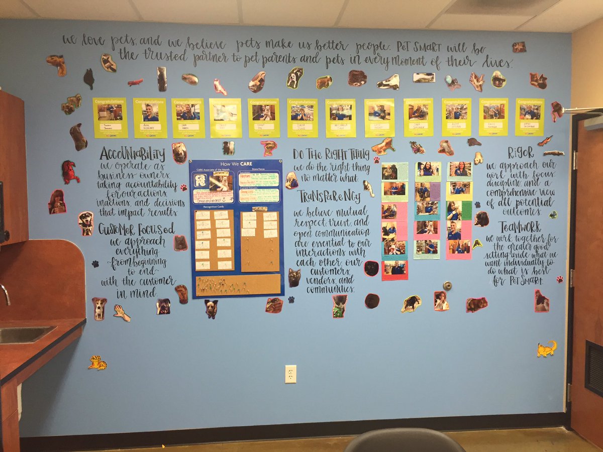 Thealiebee's tweet photo. Fun day lettering the Values/Mission on the CARE wall @petsmart2361 🐾 @dhumphreyjr30  @KevinDLance #inspiredbypets https://t.co/VizQJH87s4