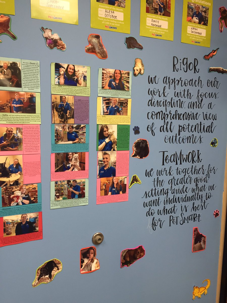 Thealiebee's tweet photo. Fun day lettering the Values/Mission on the CARE wall @petsmart2361 🐾 @dhumphreyjr30  @KevinDLance #inspiredbypets https://t.co/VizQJH87s4