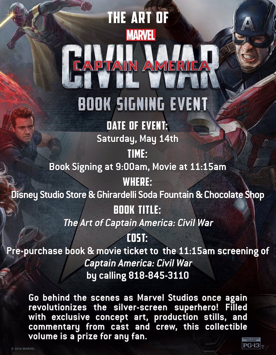 The Art of <a href="/Marvel/">Marvel Entertainment</a> #CaptainAmericaCivilWar Book Signing this Saturday, May 14! Call 818-845-3110
