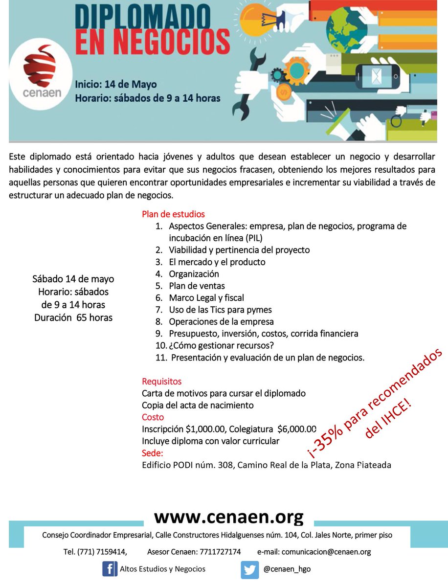 IHCEHidalgo's tweet photo. #IHCE te invita a participar en el  Diplomado en Negocios impartido por el @cenaen_hgo https://t.co/VTeClcAoqU