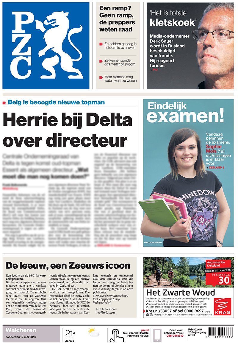 pzcredactie's tweet photo. Hij is klaar: de voorpagina van onze vernieuwde krant!  Met de leeuw in ons nieuwe logo. https://t.co/lUTUcJ9CAb