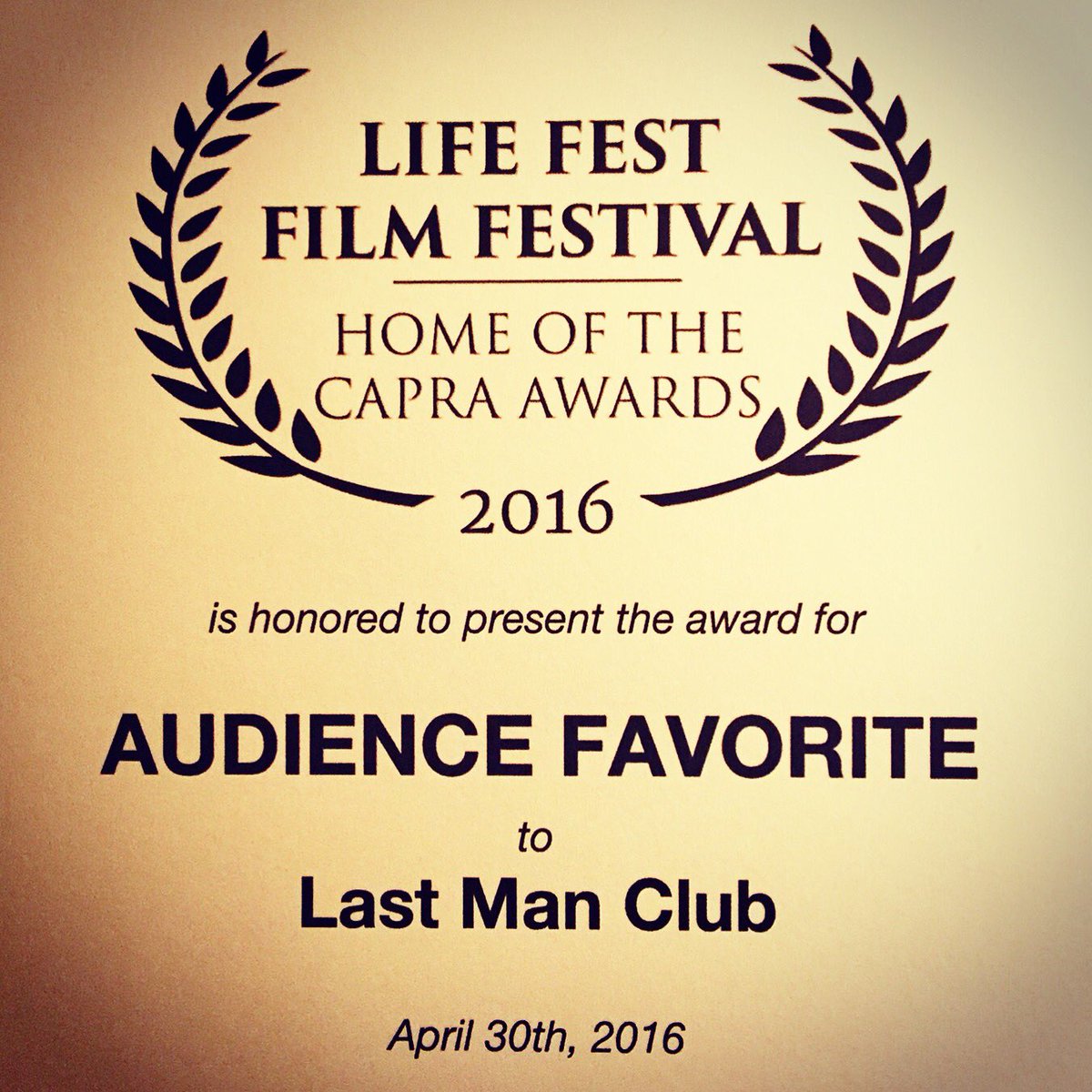 PandolphProd's tweet photo. Congratulations to @LastManClub &amp; @PandolphProductions for bringing home the @LifeFilmFest Audience Favorite #Award! https://t.co/h9ksEiVHAy
