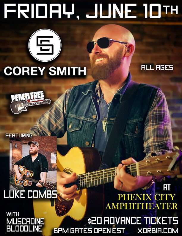 PHENIX CITY, AL - <a href="/coreysmithmusic/">Corey Smith</a> plays PC Amphitheater w/ @LukeCombsMusic Fri. June 10th! bit.ly/1NlQBPn