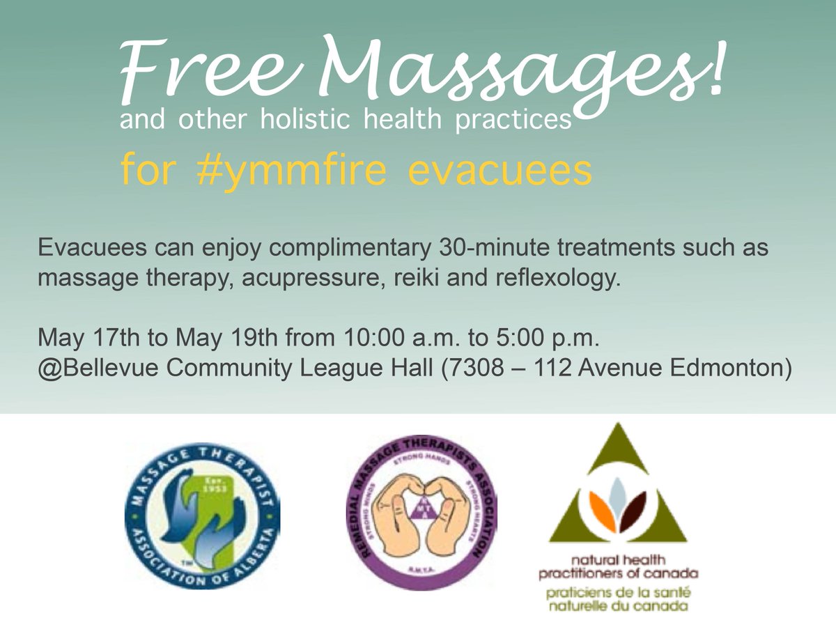 We welcome all #ymmfire evacuees to receive free 30 min #massages Bellevue Hall <a href="/EFCL/">Edmonton Federation of Community Leagues</a> @GKentEJ #yeg