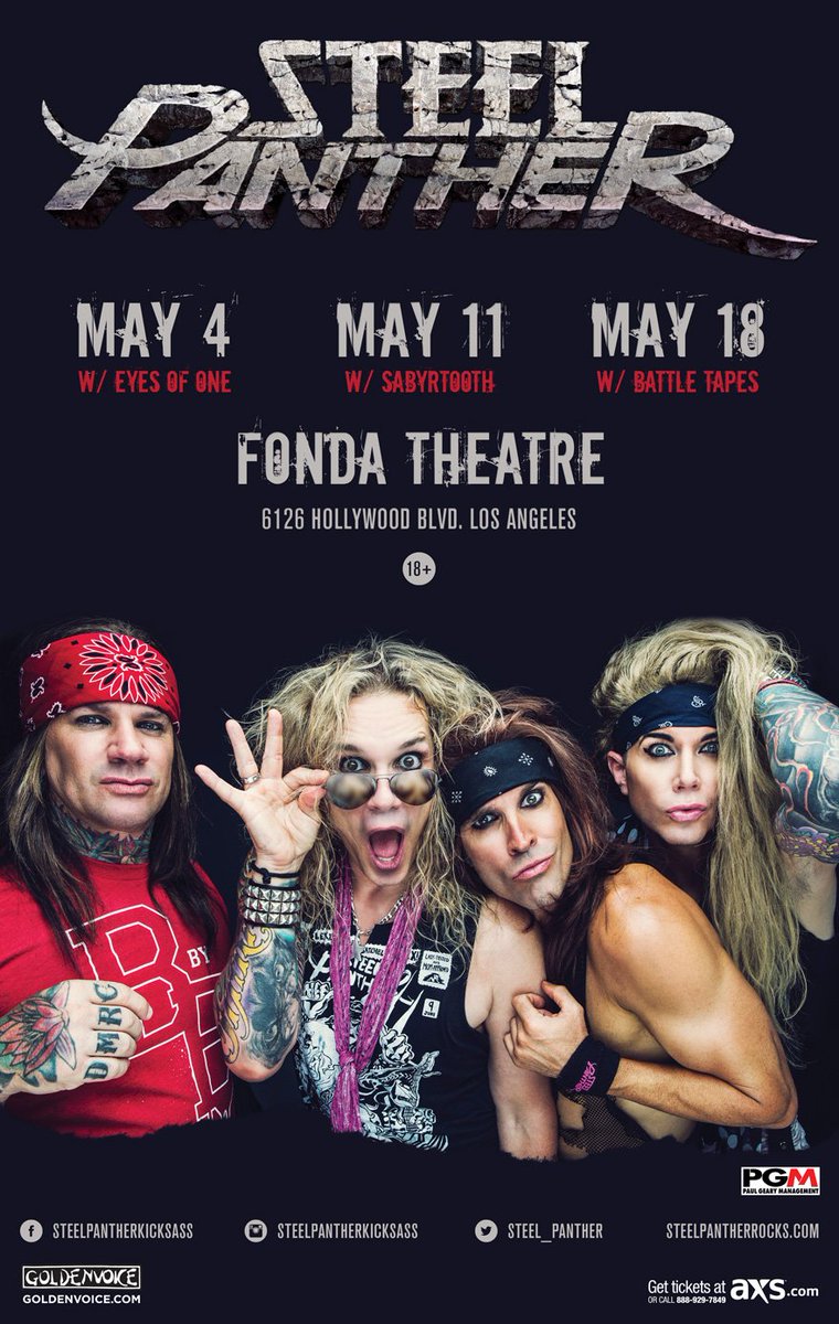 FondaTheatre's tweet photo. Set times. Doors at 8pm
@sabyrtooth at 9pm
@Steel_Panther at 10:15pm
Tix available at door, cash only. https://t.co/lB4JaeRp1C