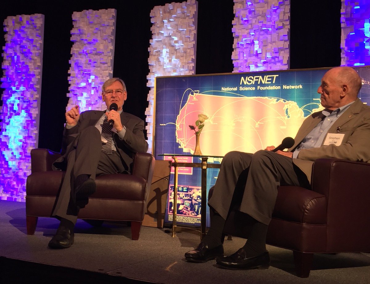 meritnetwork's tweet photo. Doug Van Houweling and Stephen Wolff give a brief history of the Internet during the #Merit50 celebration. https://t.co/AU98HjyVeG