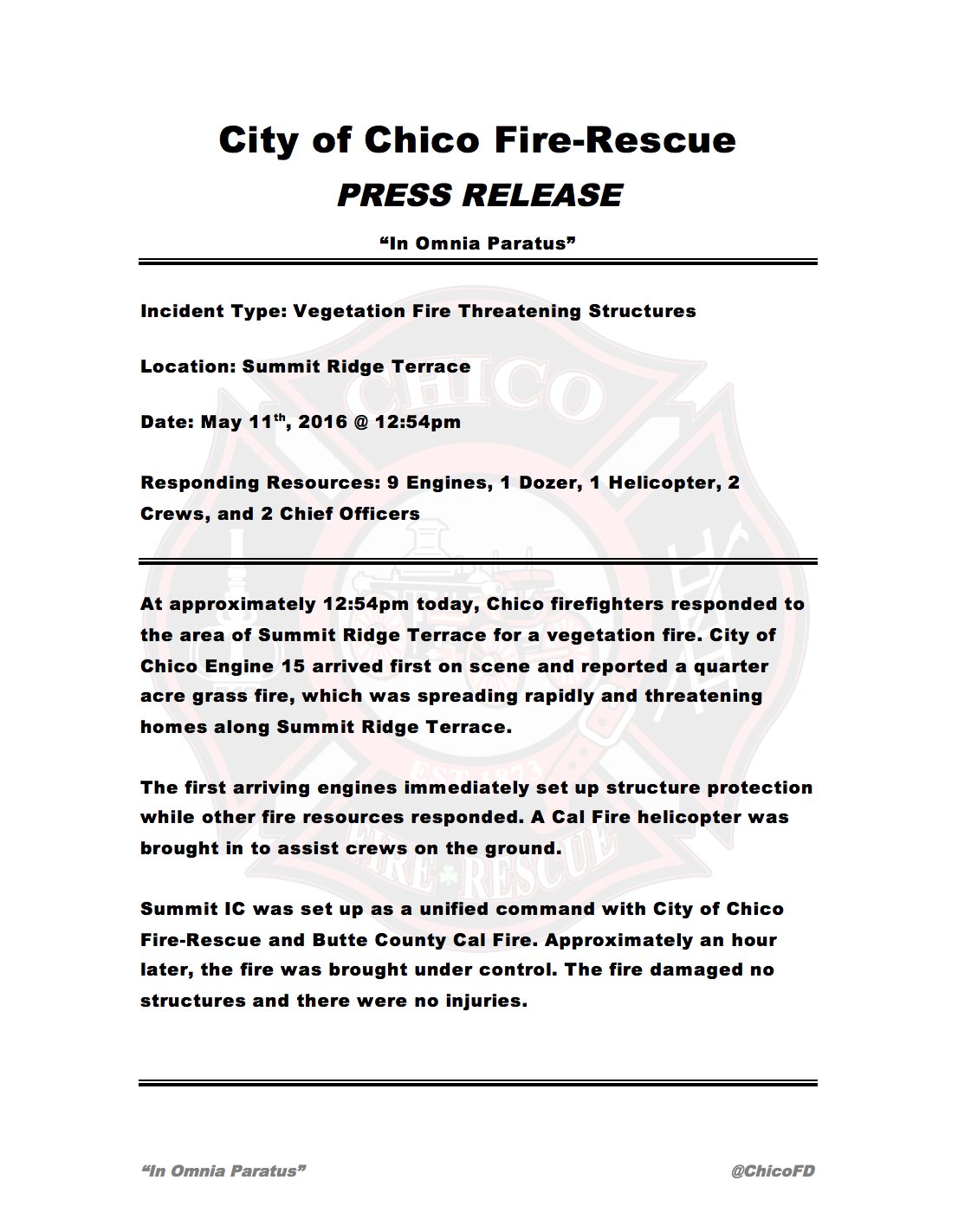 Chico Fire Department Summit Ridge Press Release Chicofd Summitic