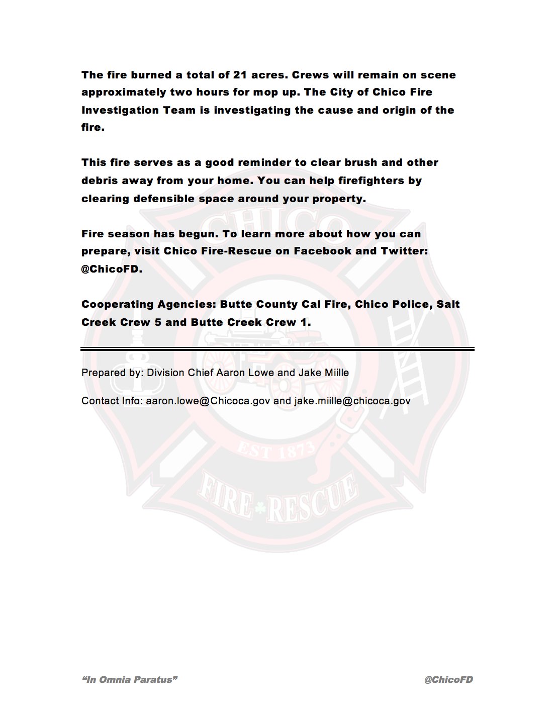 Chico Fire Department Summit Ridge Press Release Chicofd Summitic