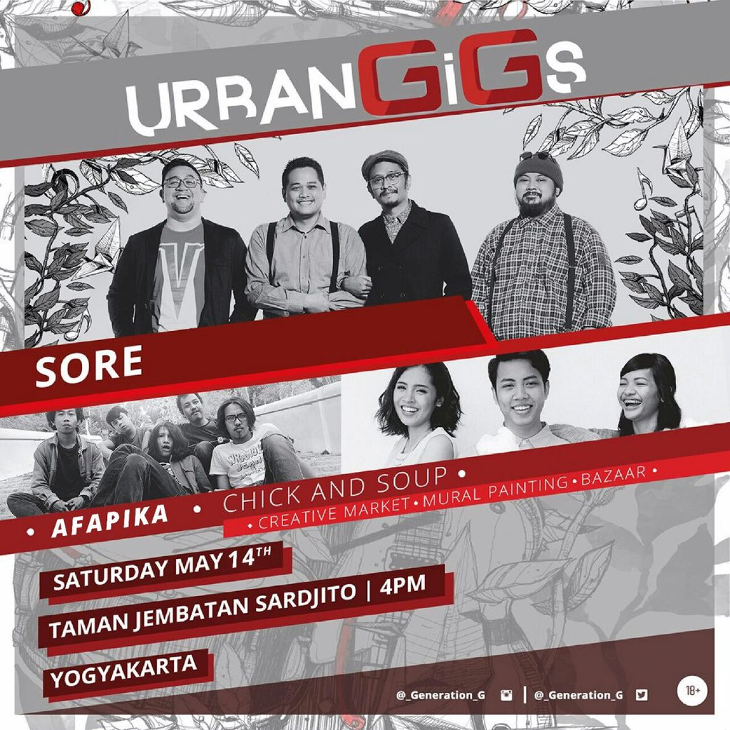 Urban GiGs | <a href="/SOREband/">SORE</a> <a href="/chickandsoup/">Chick and Soup</a> <a href="/afapika/">Afapika Official</a> etc | 14 Mei | Taman Jembatan Sardjito, Jogja | Free