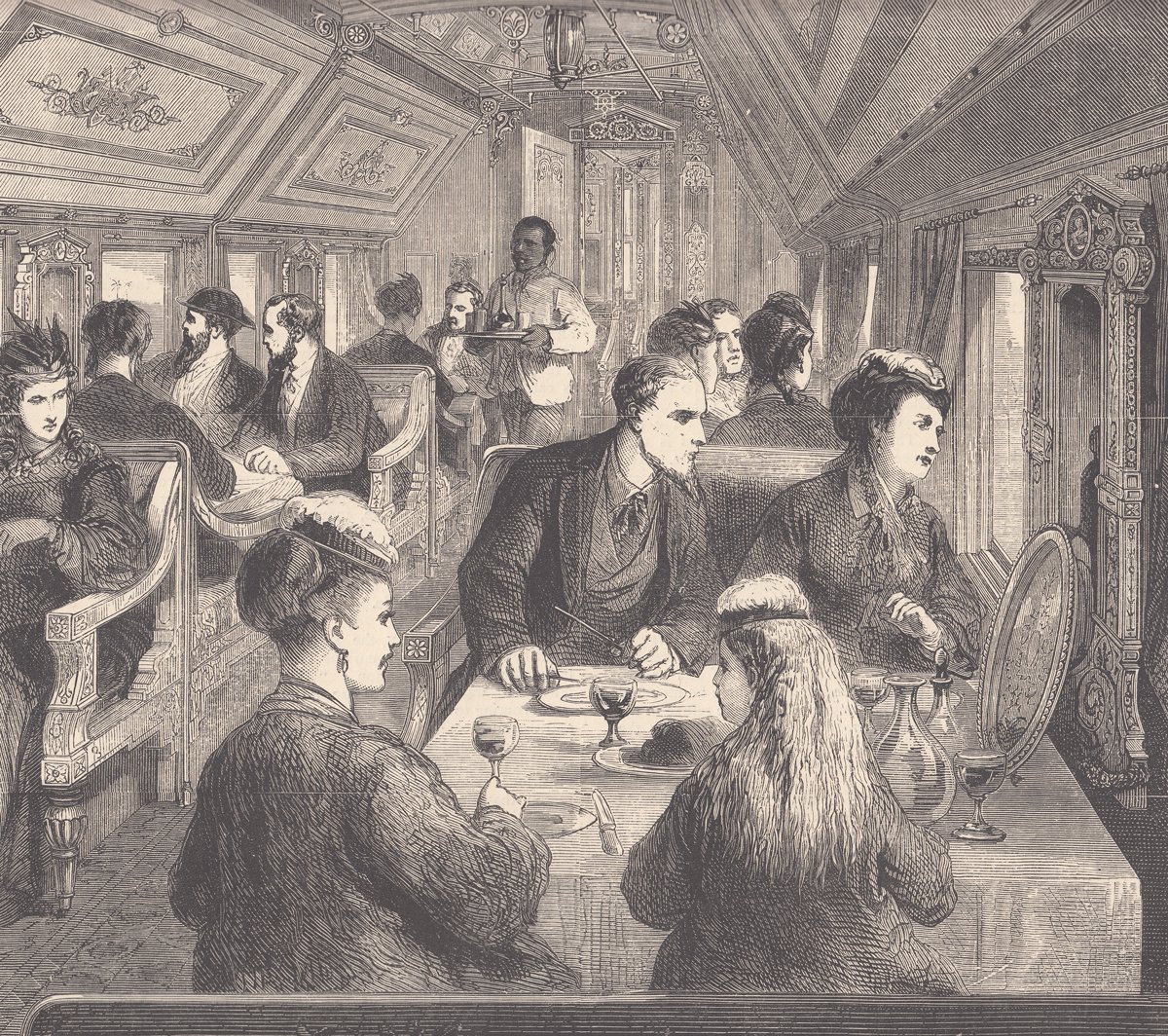 19thC_Etiquette's tweet photo. The dining car on the Union Pacific Railway is elegantly fitted &amp; offers an ever-moving panorama to delight the eye. https://t.co/nnYU030XmI
