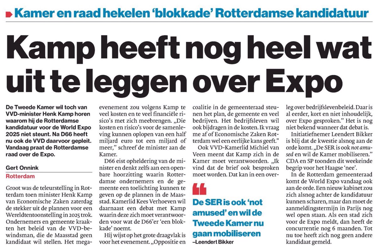 josverveen's tweet photo. 'Kamp heeft nog heel wat uit te leggen over Expo' Bron: @RDStad #D66 #Rotterdam https://t.co/rszLzRSaob