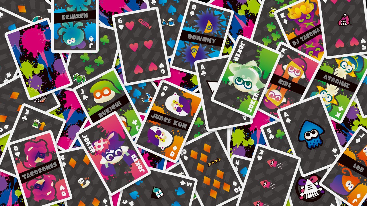 Splatoon スプラトゥーン スートの代わりにギアパワーやブランドロゴを施した スタンダード 絵札にはブイヤベースの店員たちやシカラーズはもちろん アタリメ司令やタコゾネスなどのアイコンが描かれれている 裏面はスプラトゥーンらしいインク
