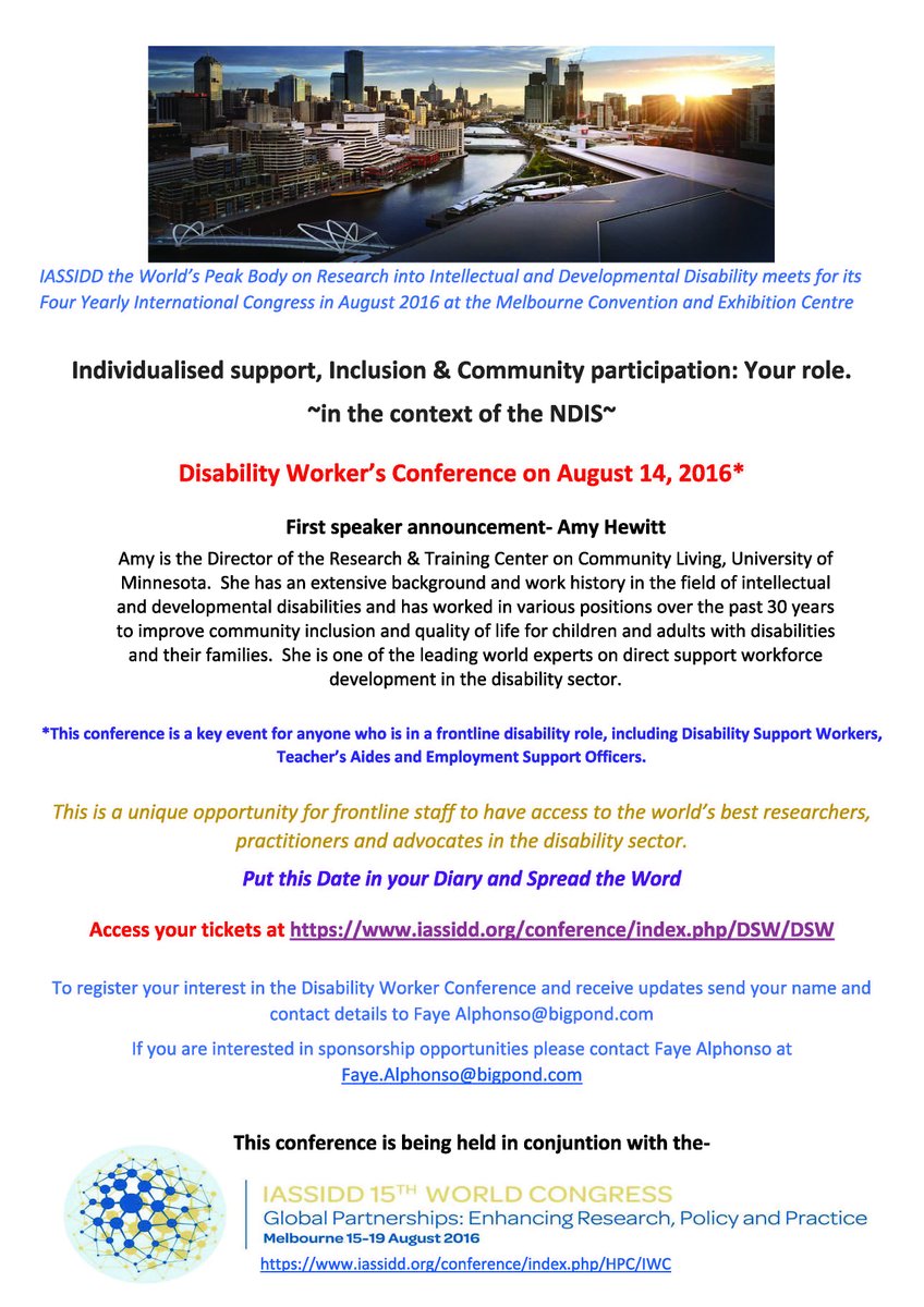 NankervisK's tweet photo. #disabilitysupportworkers #intellectualdisability #conference #iassidd16 #registernow
https://t.co/B9x7pTBzfr https://t.co/Vyt77I6cjB