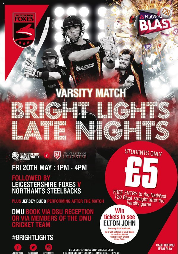 leicsccc's tweet photo. VARSITY | Come down to support @DMUCricket - £5 for students on Fri, May 20. Start at 1pm. @NatWestT20Blast after! https://t.co/rOBZQxDuSC