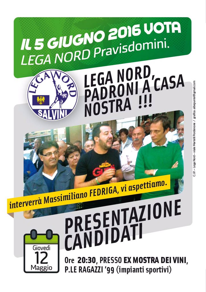 LegaFVG's tweet photo. Oggi 12 maggio h20.30 @M_Fedriga a #Pravisdomini per presentare lista #LegaNord a sostegno di #AndrettaSindaco! https://t.co/wGc22XunMd