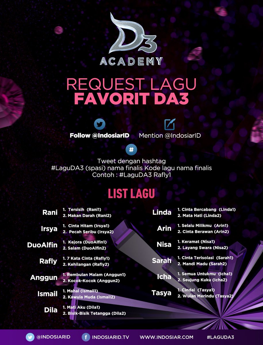 Kamu bisa loh request lagu favorit #DAcademy3! Cek di sini mekanismenya ya.