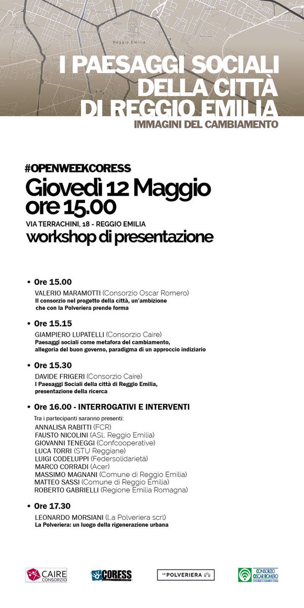 CGM_consorzio's tweet photo. Oggi alle 15 a @LaPolveriera_RE presentazione "paesaggi sociali di #ReggioEmila" con @CRomeroRe, #Caire e #CORESS https://t.co/5Ot6528bgN