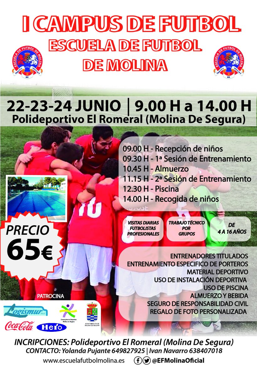 EFMolinaOficial's tweet photo. |EVENTOS| Presentamos nuestro #CampusDeFutbol para los días 22-23-24 de Junio en el Polideportivo Romeral y Piscina. https://t.co/FfV5b7s8p2