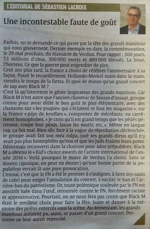 JulienAzemar's tweet photo. Très bon édito de S.Lacroix ds @UnionArdennais sur invraisemblable concert #BlackM pr centenaire #Verdun #festivisme https://t.co/SOu9X63q7S