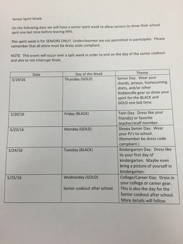 CLO 2016..info on Senior Spirit Week!  This is exclusively for SENIORS ONLY!  9, 10, 11 students DO NOT participate.