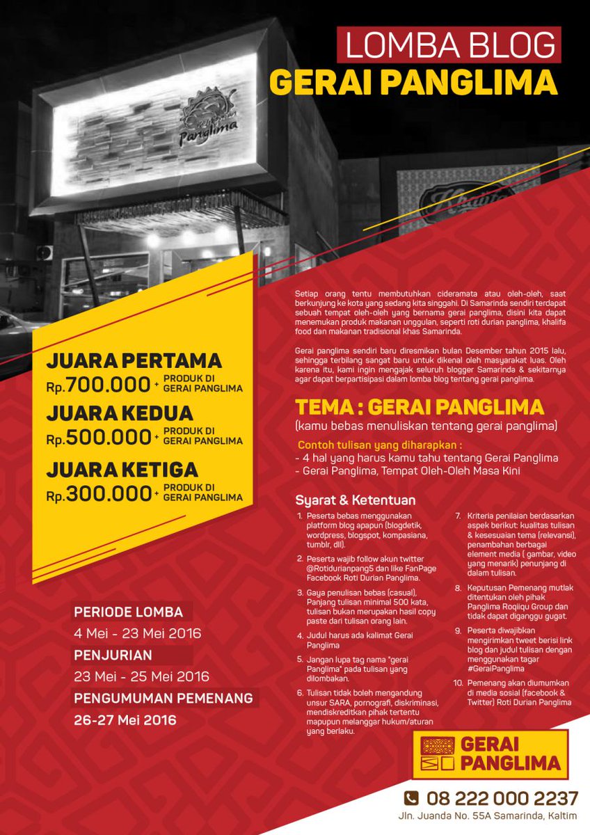 Hai <a href="/BloggerSmr/">#BloggerSamarinda</a> bantu RT ya. Lomba blog Gerai Panglima geraipanglima.blogspot.co.id/2016/05/lomba-…