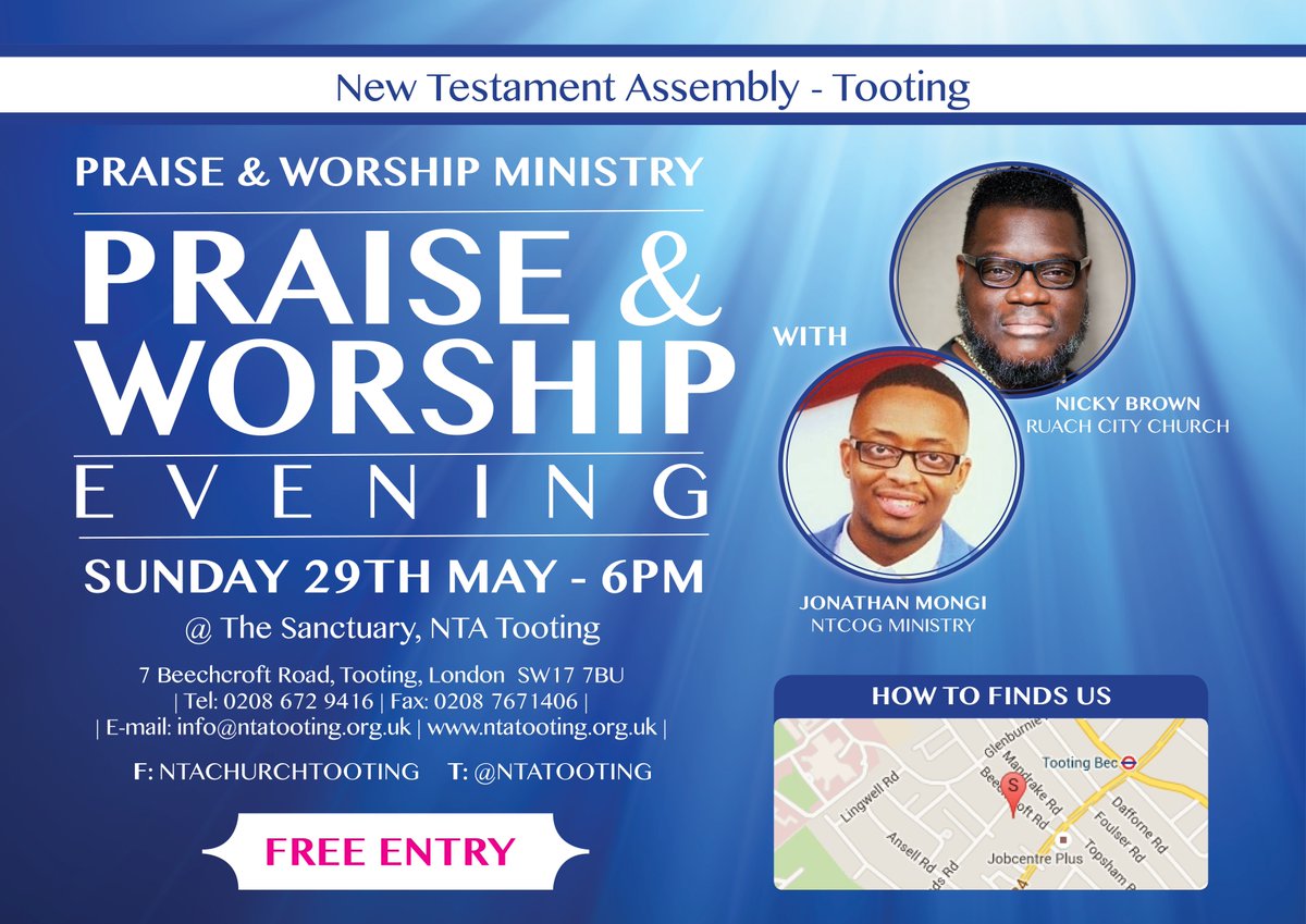 NTAtooting's tweet photo. #JohnathanMongi @NickyBrownMusic will be on our stage Sunday 29th May at the #NTATooting #praiseandworship https://t.co/l7WPPSQGyL