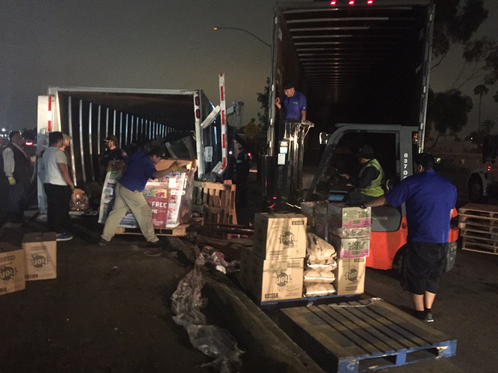 KNXBaird's tweet photo. The transition from the 10 freeway to southbound #HarborFreeway is closed due to overturned truck @KNX1070 @CBSLA https://t.co/FyMO8ggKj1