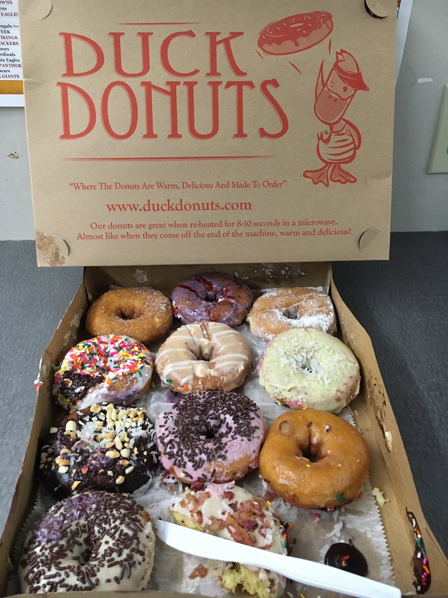scottlinn_'s tweet photo. This what happens when @thecooleyzone @kevins980 are in the @ESPNRadio980 Rockville studios. @DuckDonuts #VisitMore https://t.co/OF40y1KFv0