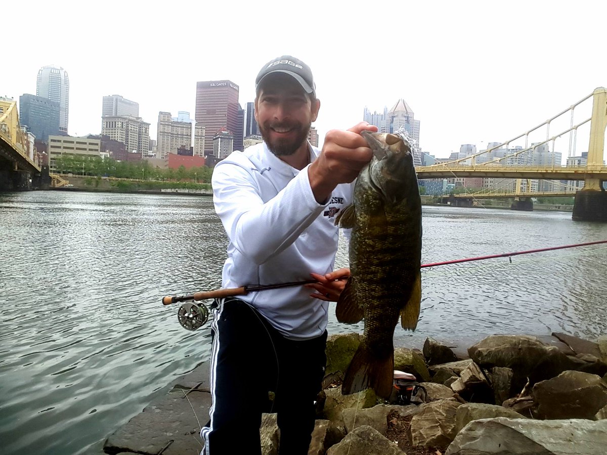 FISH ON! Fly fisherman reels in nice bass fly fishing in downtown
