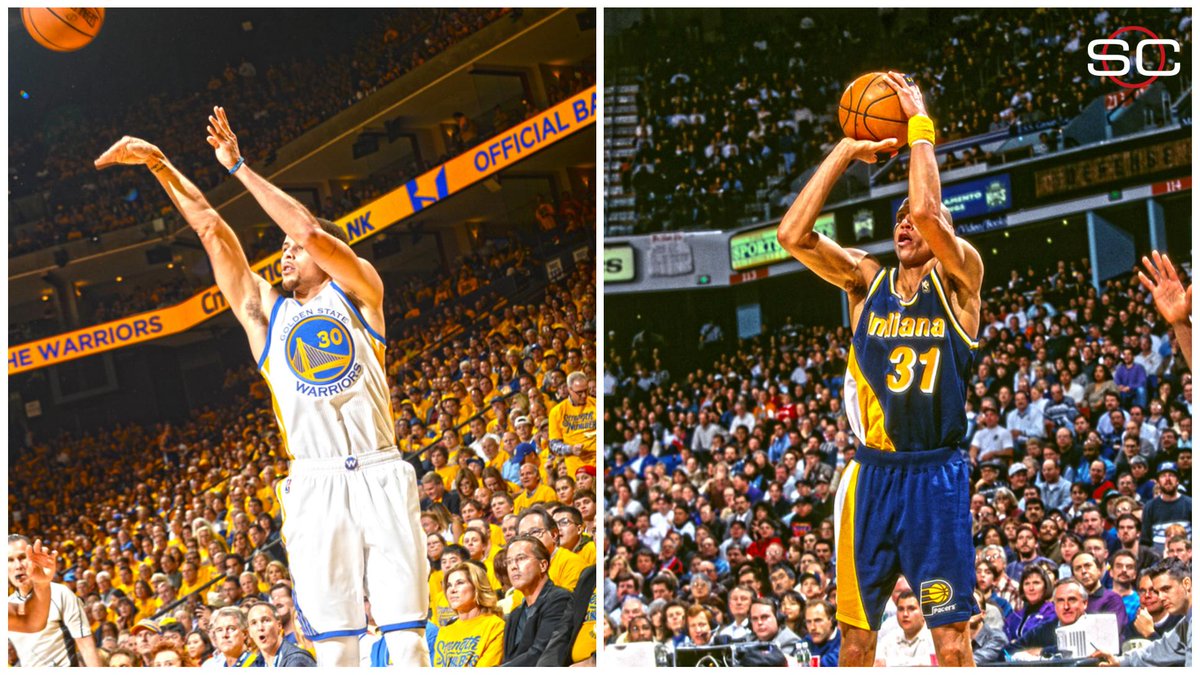 SportsCenter's tweet image. Another milestone. 

Steph Curry ties Reggie Miller for most consecutive playoff games with a three-pointer (44).