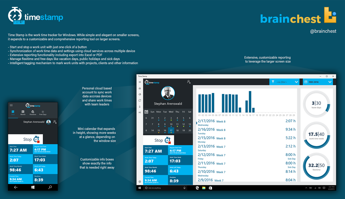 sarensw's tweet photo. #TimeStamp, the work time tracker for Windows (Continuum). A design for the #WindowsInsiderContinuumApp challenge. https://t.co/7AQqEP9Al7