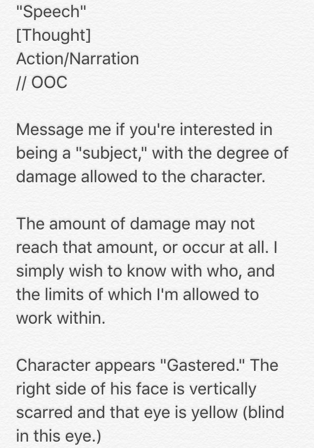 AsrielAF's tweet image. Details on roleplay style.

Muns who wish to have their characters further involved with the account, please read.