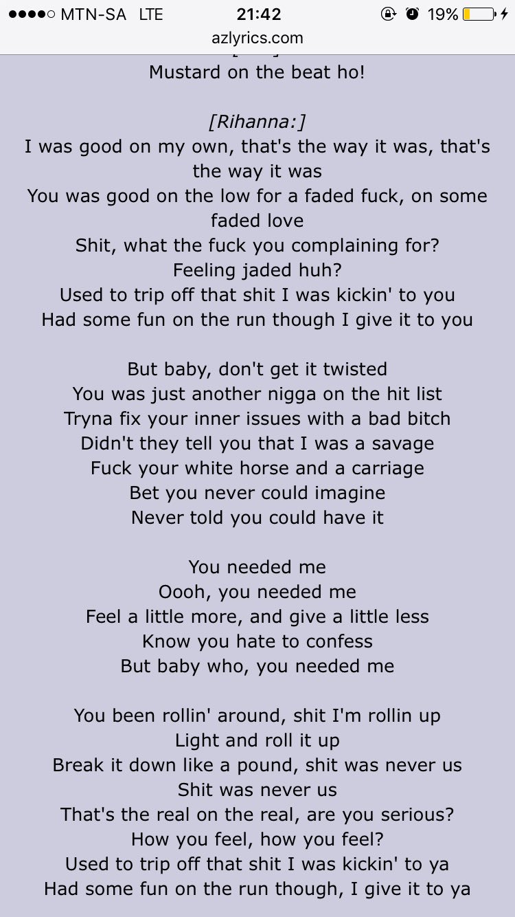Orange Moon How Savage Is Rihanna On Needed Me These Lyrics Just Regulate All These Fuckboys T Co Evajulbhvc Twitter