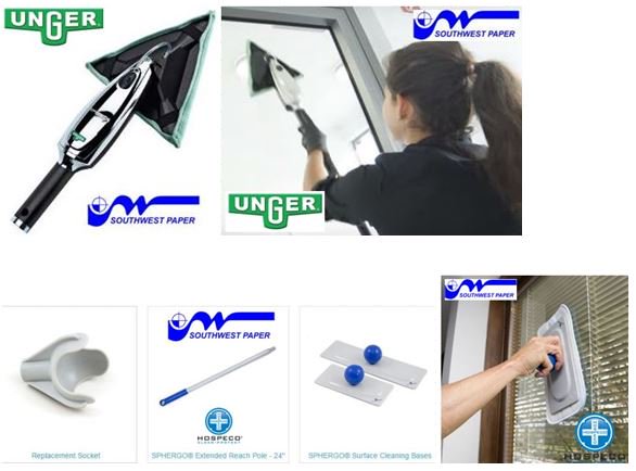 SWPaperCo's tweet image. Cleaning tall windows is dangerous and time consuming!  SWP has solutions! @UngerUsa Stingray and @HOSPECO SPHERGO.