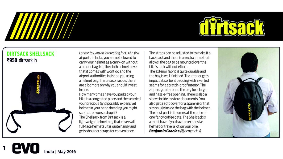 dirtsackindia's tweet photo. @evoIndia says our "The @dirtsackindia Shellsack helmet bag is a must have if you have an expensive helmet!" https://t.co/RifLw2gXKK