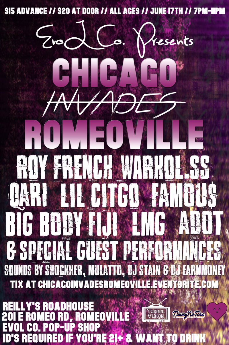 EvoL_Co_'s tweet image. JUNE 17TH ALL AGES
TIX AVAILABLE AT …icagoinvadesromeoville.enevtbrite.com OR CONTACT US FOR HARD COPIES! $15 EARLY BIRD TIX.