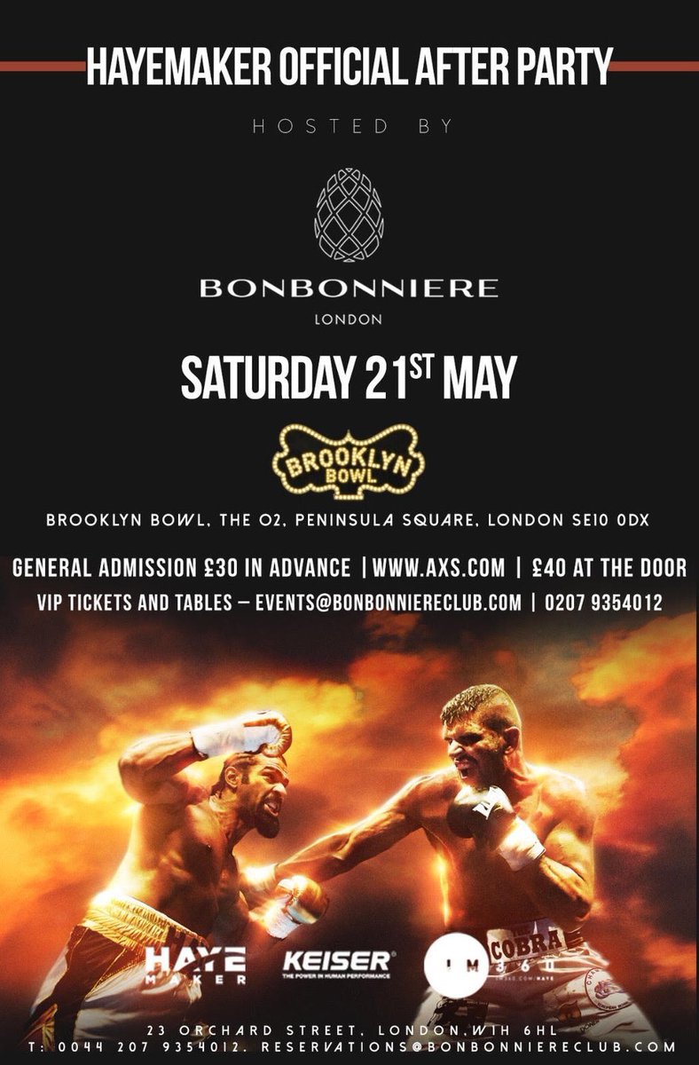 Tickets for the Hayemaker Official Afterparty at <a href="/BBowlLondon/">Brooklyn Bowl London</a> on sale NOW at bit.ly/1Wnd6GT. Be there! 👊🏻