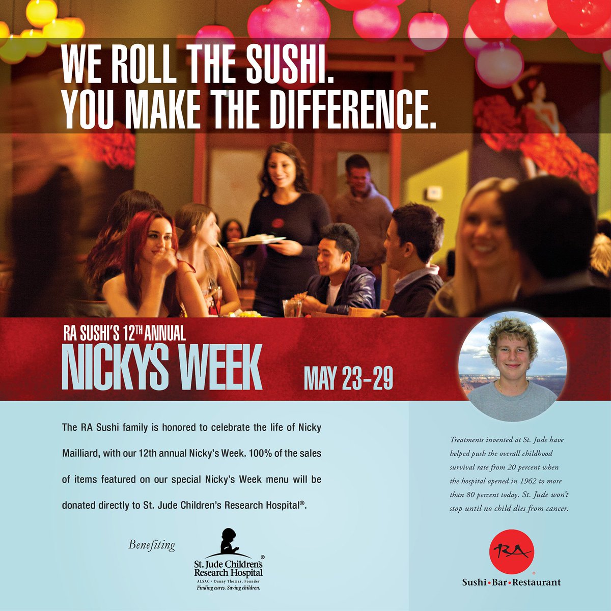 Enjoy some great food and donate to a good cause with our local restaurant's Nicky's Week May 23-29 <a href="/RAsushi/">RA Sushi</a>