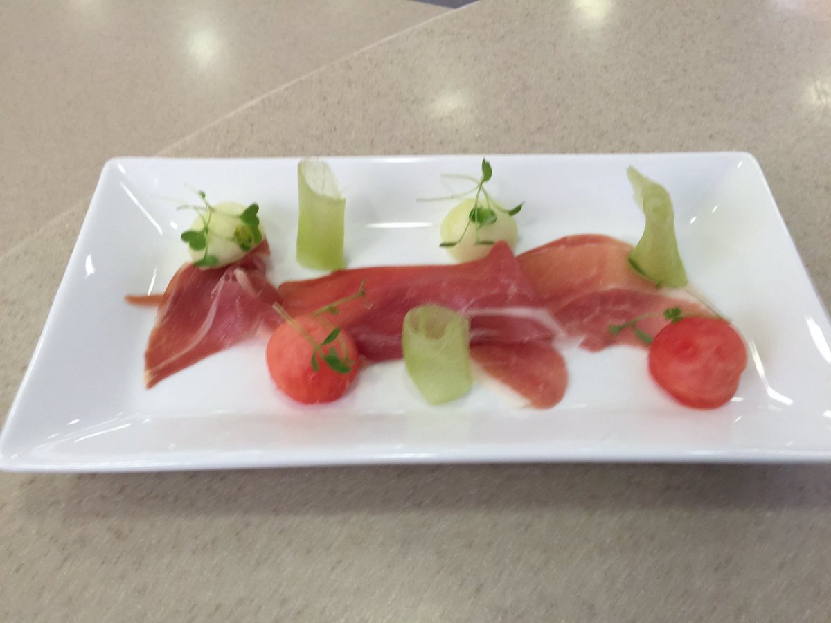 Serrano ham, trio of melon, Greek cress, rocket shoots and mint syrup @NottsHigh