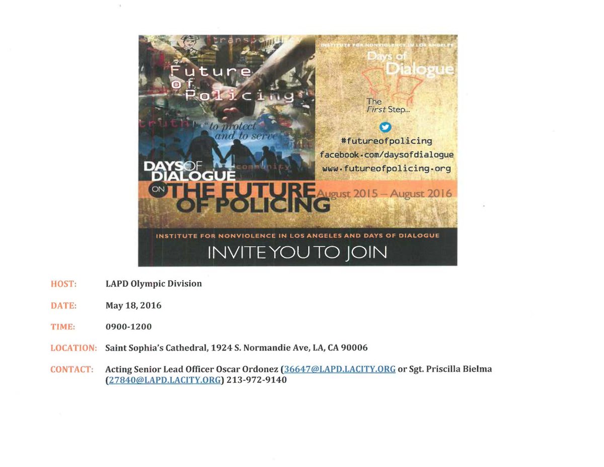 LAPD경찰국 정책관련 토론회가 개최됩니다. 2016년 5월 18일(수), 오전9시~12시, 성 소피아 성당(1924 S. Normandie Ave LA. CA 90006), RSVP 213-972-9140